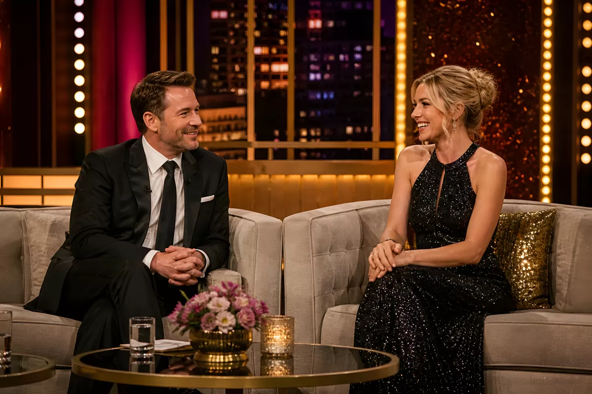Elegantes Paar im Gespräch auf einer TV-Show-Bühne