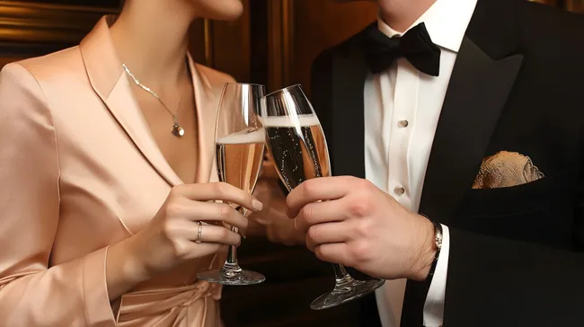 Elegantes Paar in Abendgarderobe mit Champagnergläsern