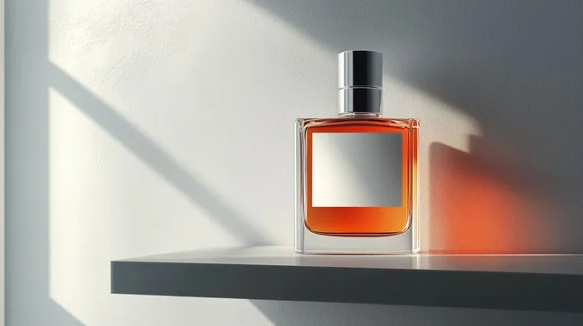 Elegantes Parfümfläschchen in orangenem Glas auf Badregal