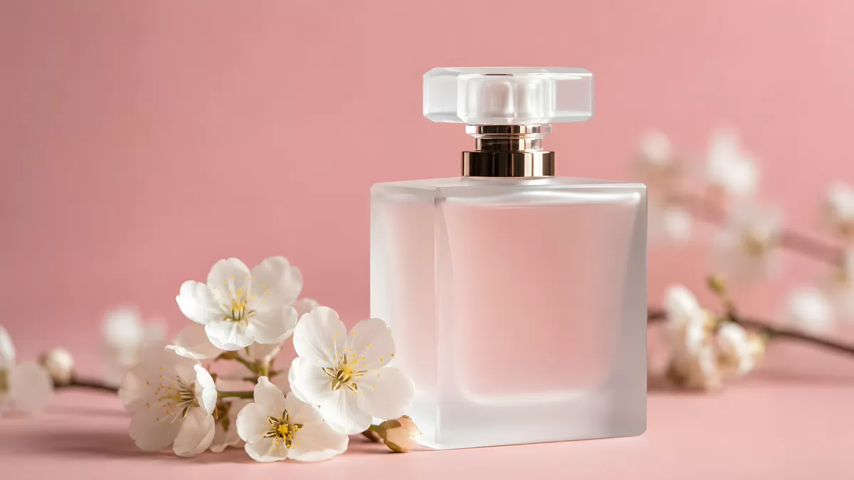 Elegantes Parfümfläschchen mit weißen Kirschblüten