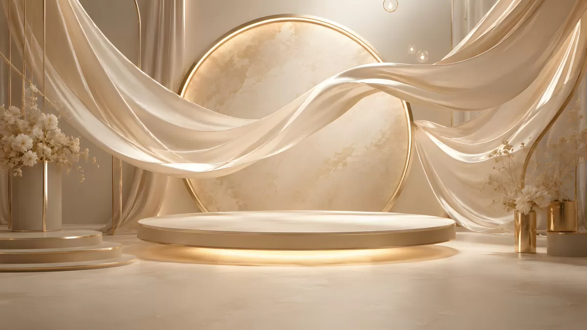 Elegantes Podest mit goldenen Vorhängen und Marmor