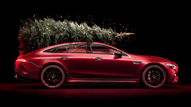 Elegantes rotes Luxusauto mit Weihnachtsdekor