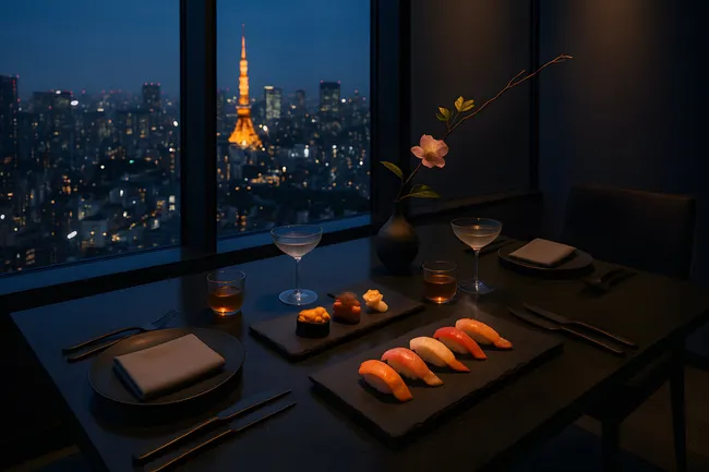 Elegantes Sushi-Abendessen mit Blick auf das nächtliche Tokio