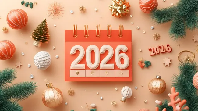 Elegantes Weihnachts-Stillleben mit Dekorationen und Kalender 2026