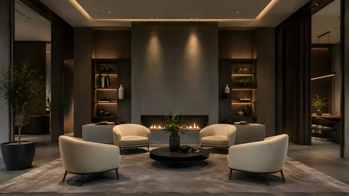 Elegantes Wohnzimmer mit Kamin und cremefarbenen Sesseln