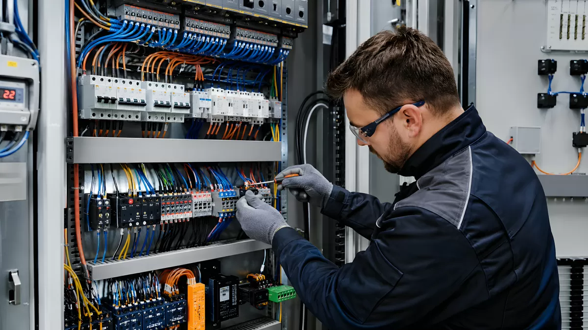 Elektriker arbeitet an Schaltschrank mit Kabeln