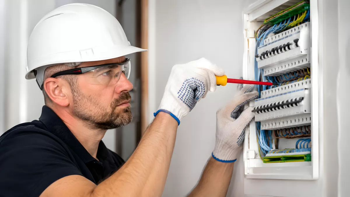 Elektriker arbeitet konzentriert am Sicherungskasten