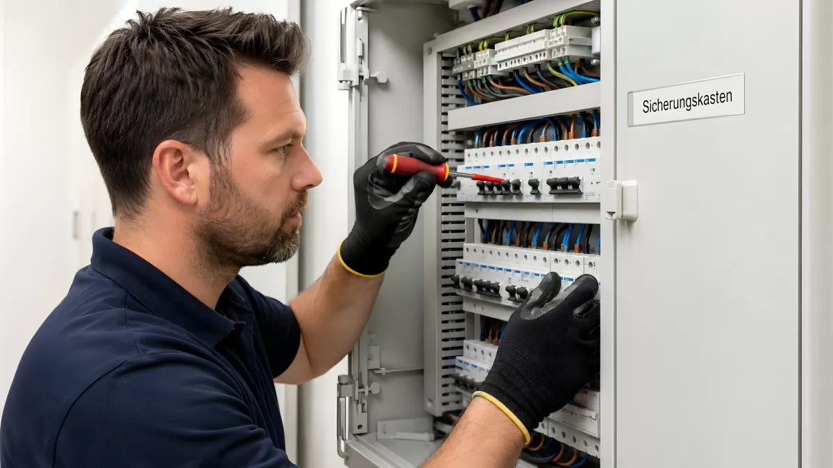 Elektriker konzentriert beim Sicherungskasten