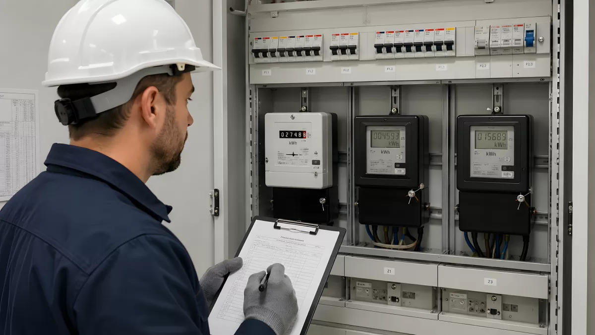 Elektriker liest Stromzähler ab und notiert Verbrauch