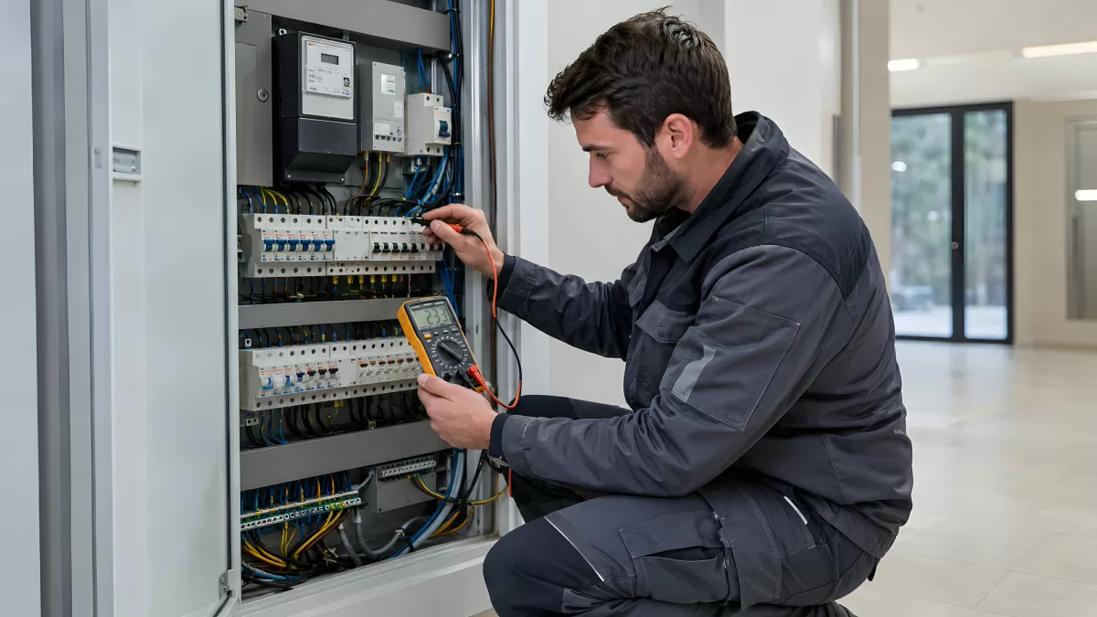 Elektriker misst Schaltschrank mit Multimeter