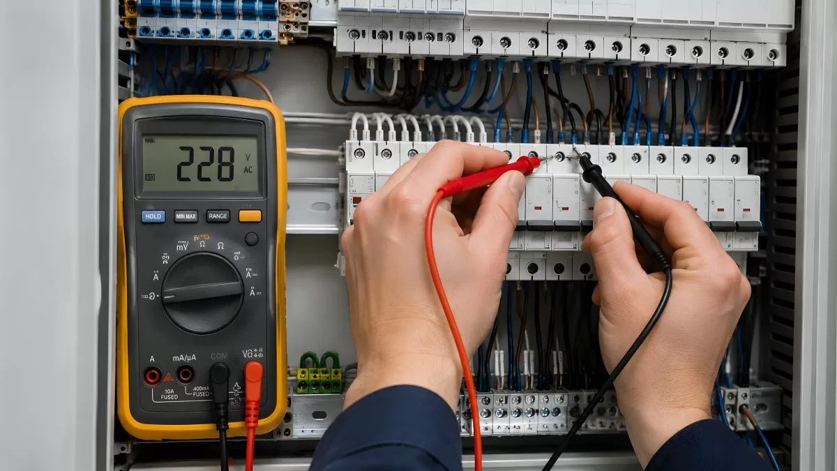 Elektriker misst Spannung im Sicherungskasten