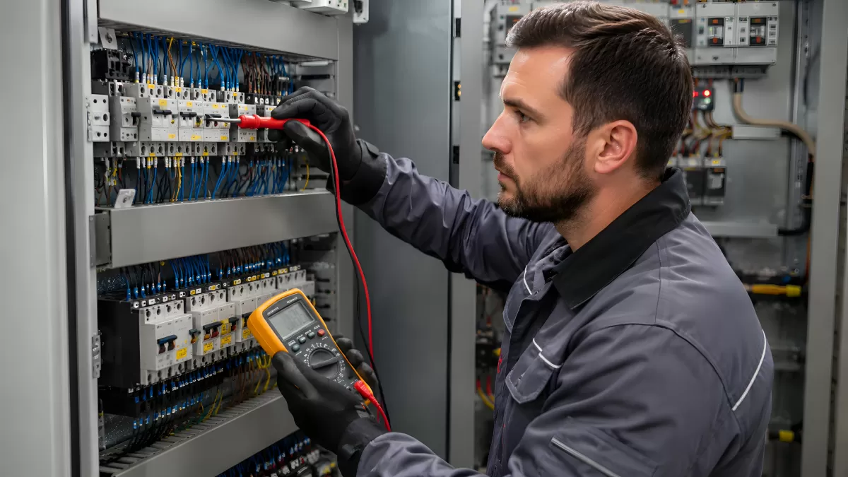 Elektriker prüft Schaltschrank mit Multimeter