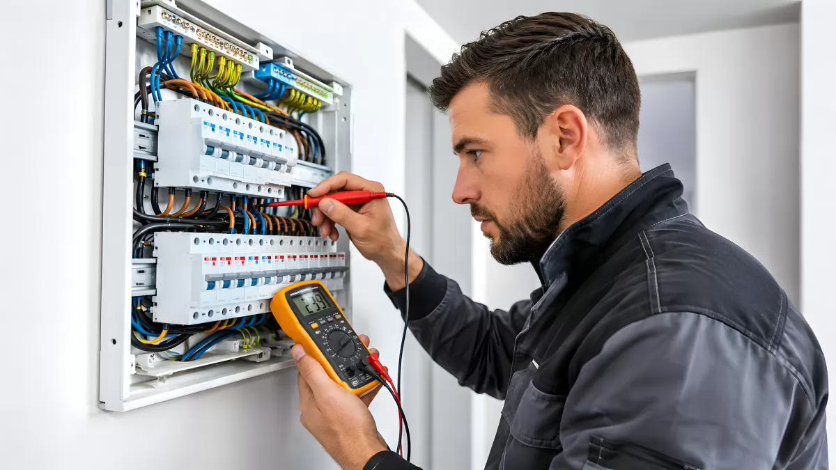 Elektriker prüft Sicherungskasten mit Multimeter