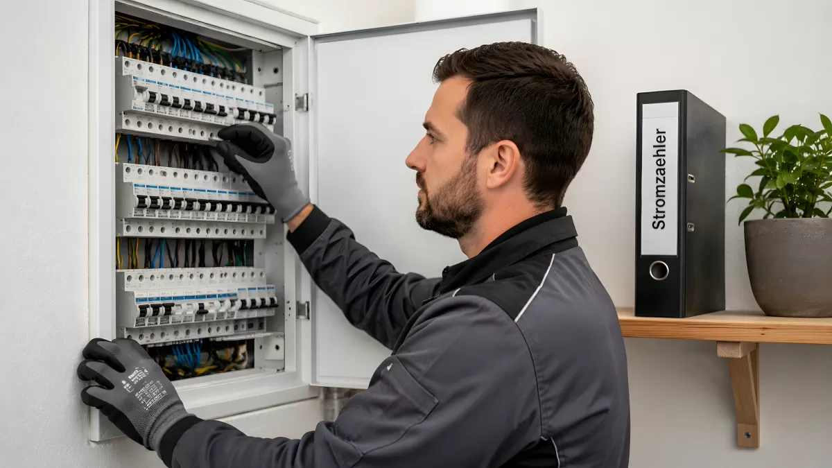Elektriker prüft Sicherungskasten mit Schutzhandschuhen