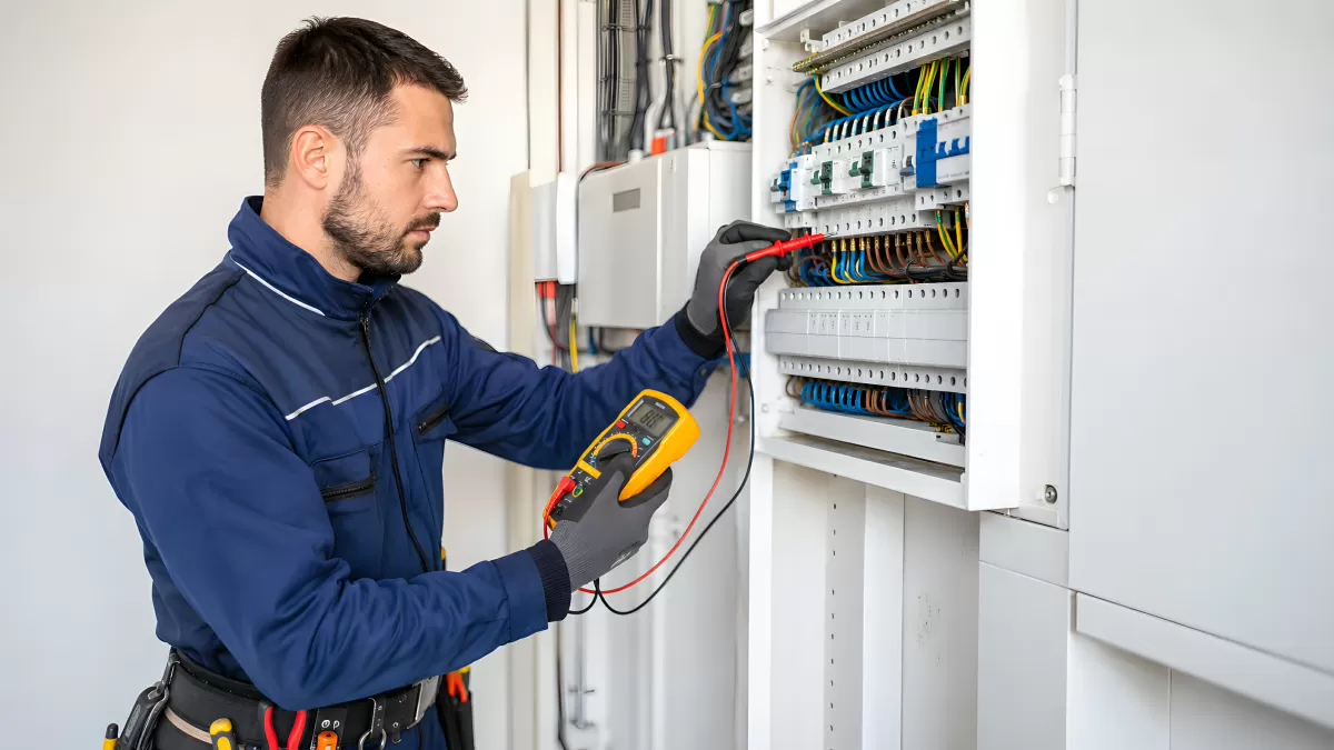 Elektriker testet Sicherungskasten mit Multimeter