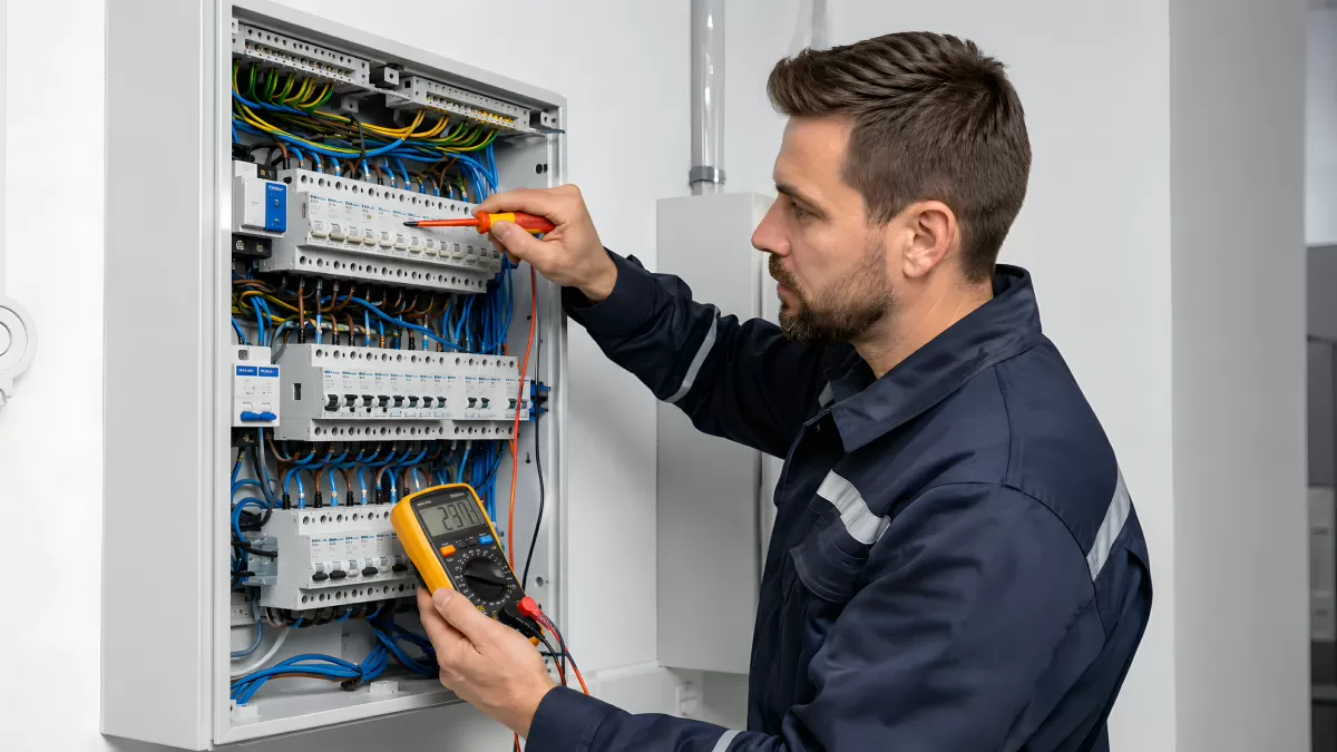 Elektriker untersucht Sicherungskasten mit Multimeter