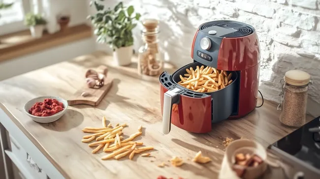 Elektrische Heißluftfritteuse auf rustikalem Küchentisch