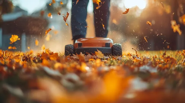 Elektrischer Rasenmäher im Herbst auf Laubbedeckter Wiese