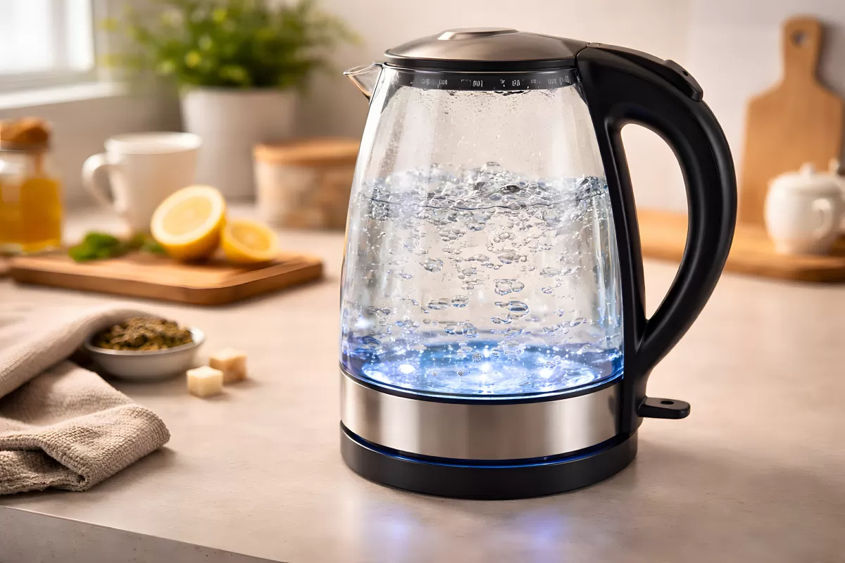 Elektrischer Wasserkocher mit Glasbehälter im hellen Küchenambiente