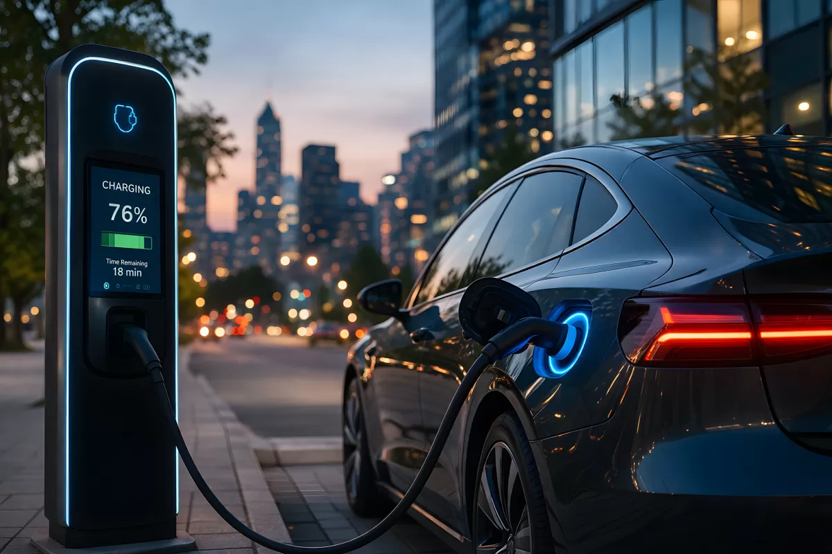 Elektrisches Auto beim Aufladen in der Großstadt