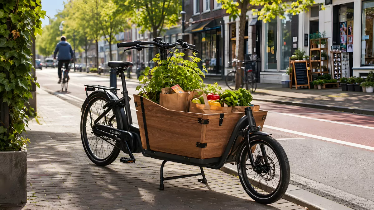 Elektro-Lastenrad mit Gemüse auf Amsterdamer Straße
