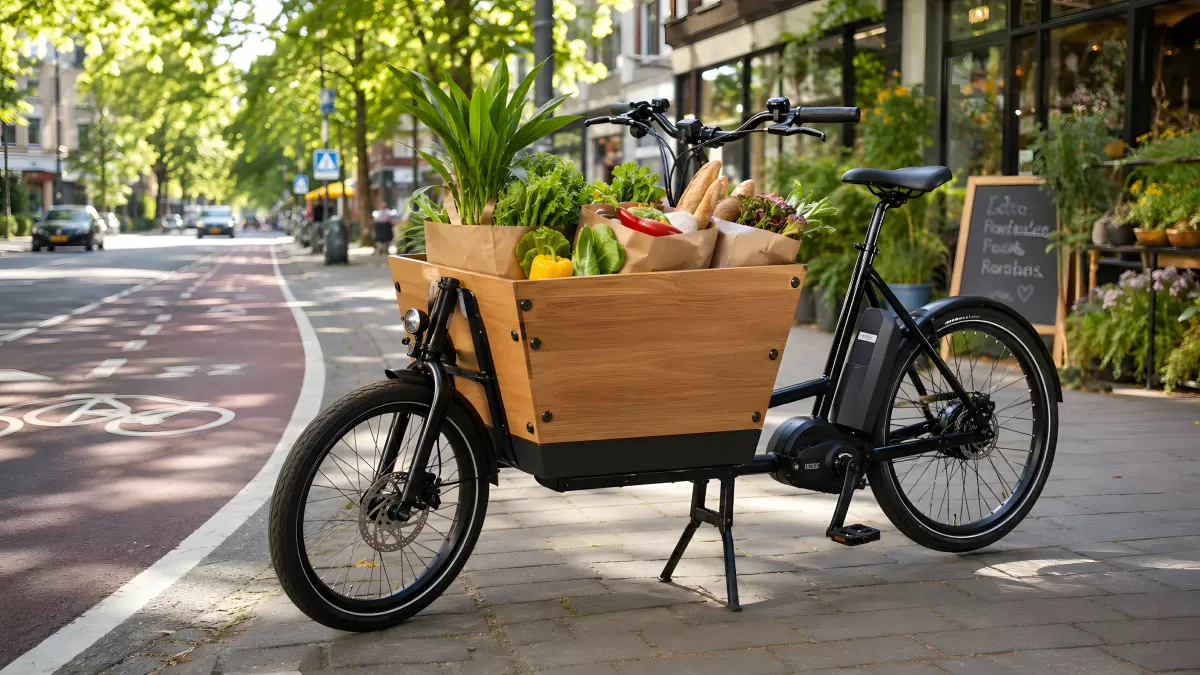 Elektro-Lastenrad mit Gemüse und Brot in der Stadt