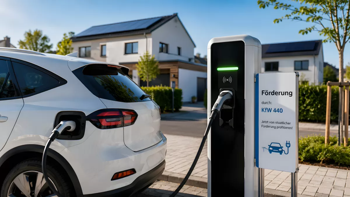 Elektroauto lädt an KfW-440-geförderter Wallbox zuhause