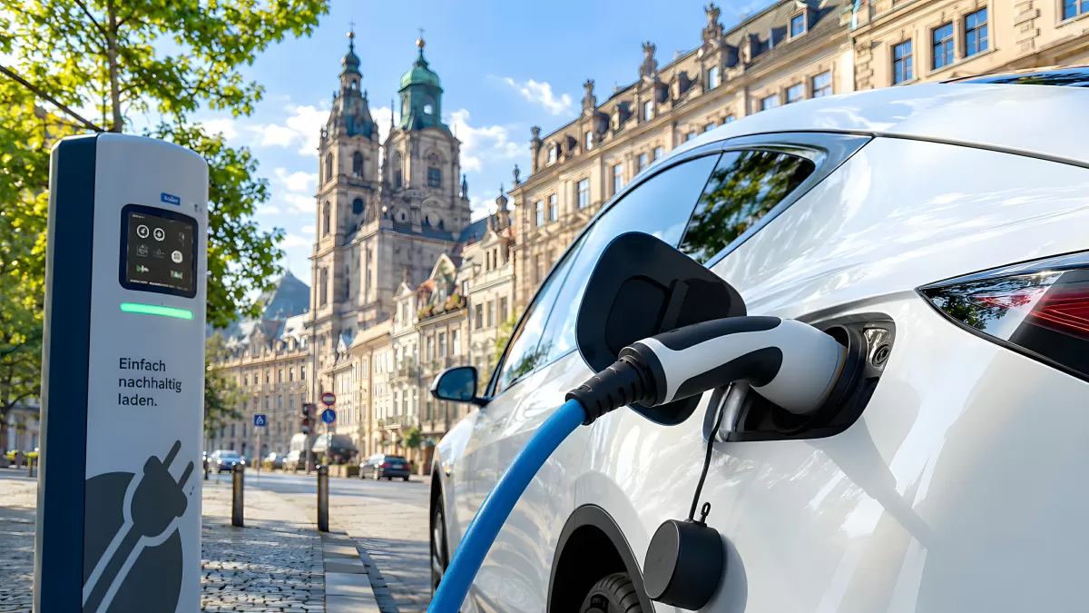 Elektroauto lädt an Ladesäule in historischer Altstadt