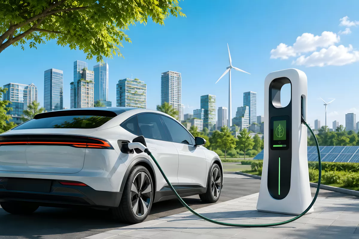 Elektroauto lädt an moderner Ladestation in der Stadt