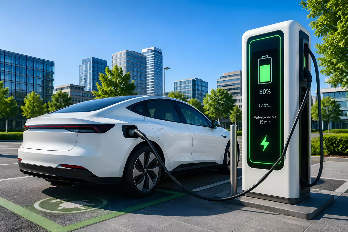 Elektroauto lädt an moderner Schnellladestation in der Stadt