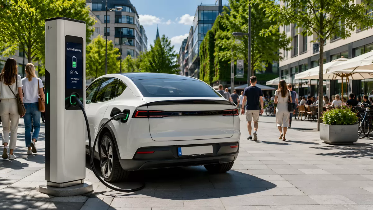Elektroauto lädt an Schnellladestation in der Stadt