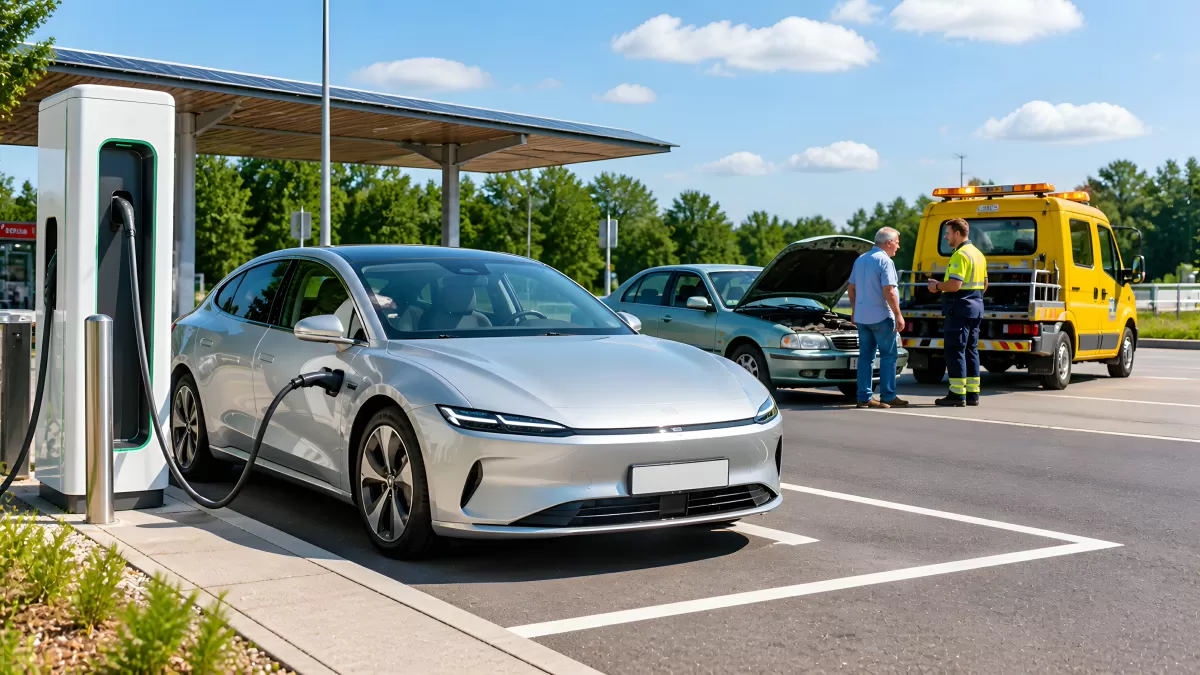 Elektroauto lädt an Schnellladestation neben Pannenhilfe
