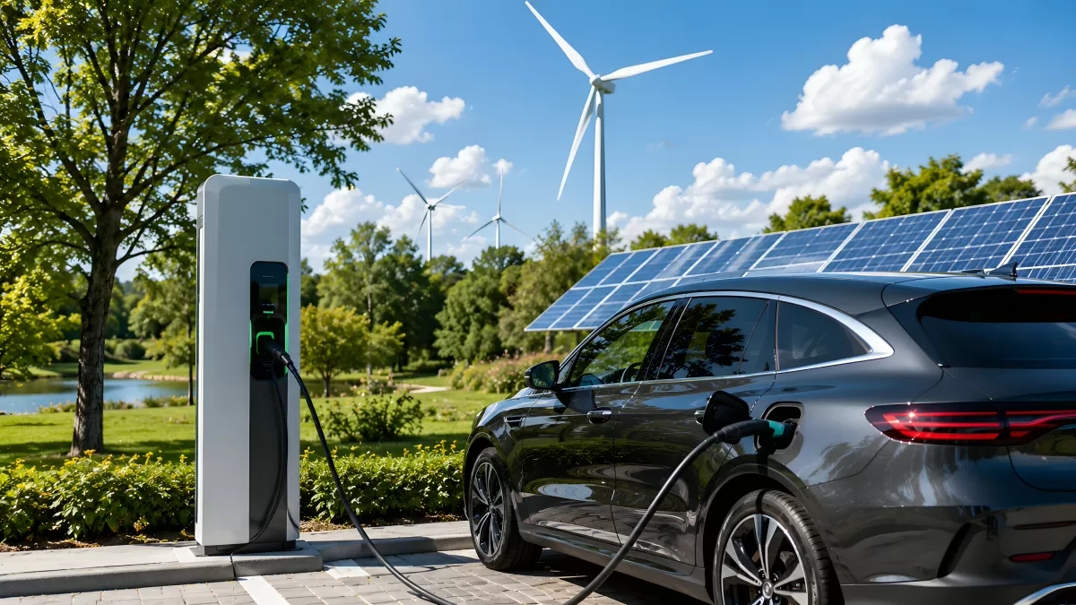 Elektroauto lädt an Solarstation mit Windrädern