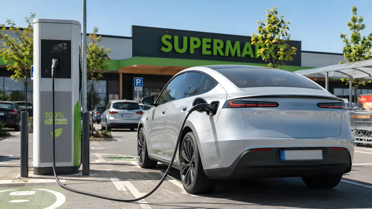 Elektroauto lädt an Supermarkt-Ladestation auf