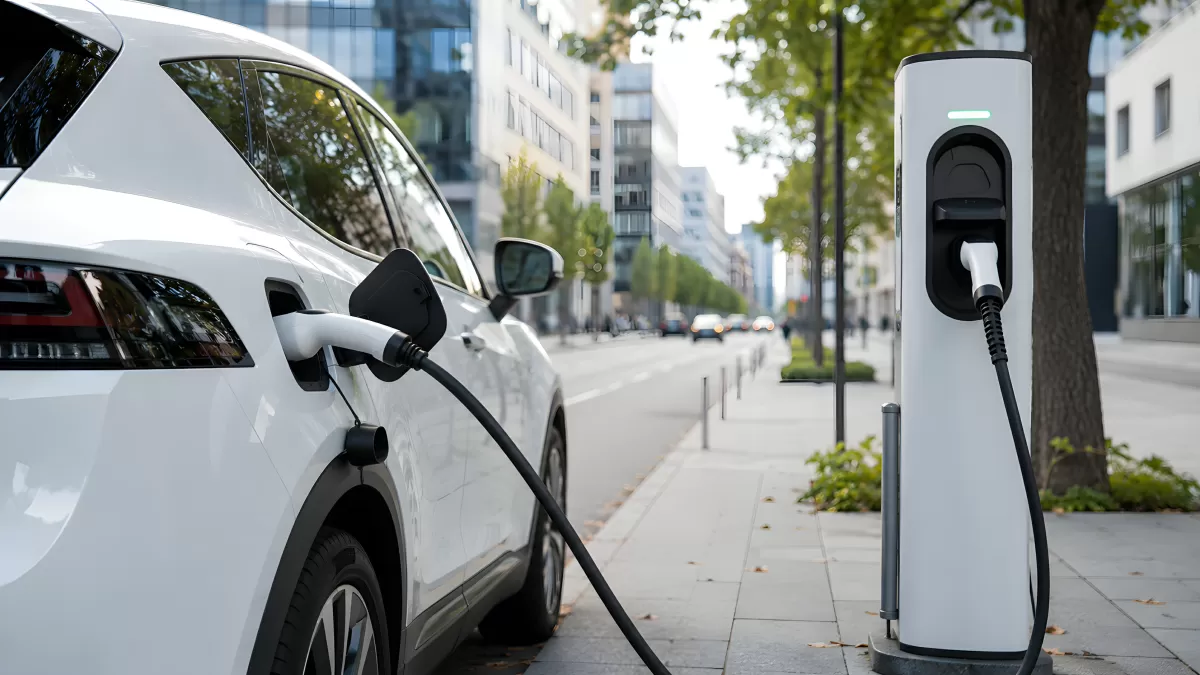 Elektroauto lädt an urbaner Ladestation auf