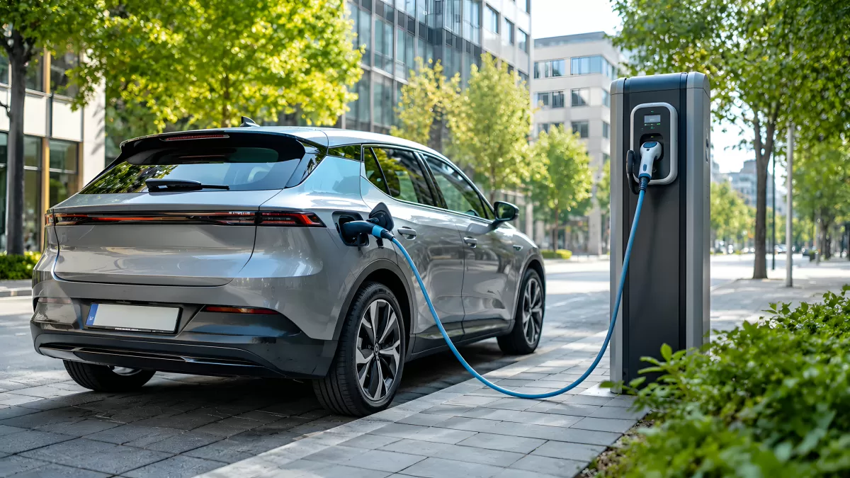 Elektroauto lädt an urbaner Ladestation im Grünen