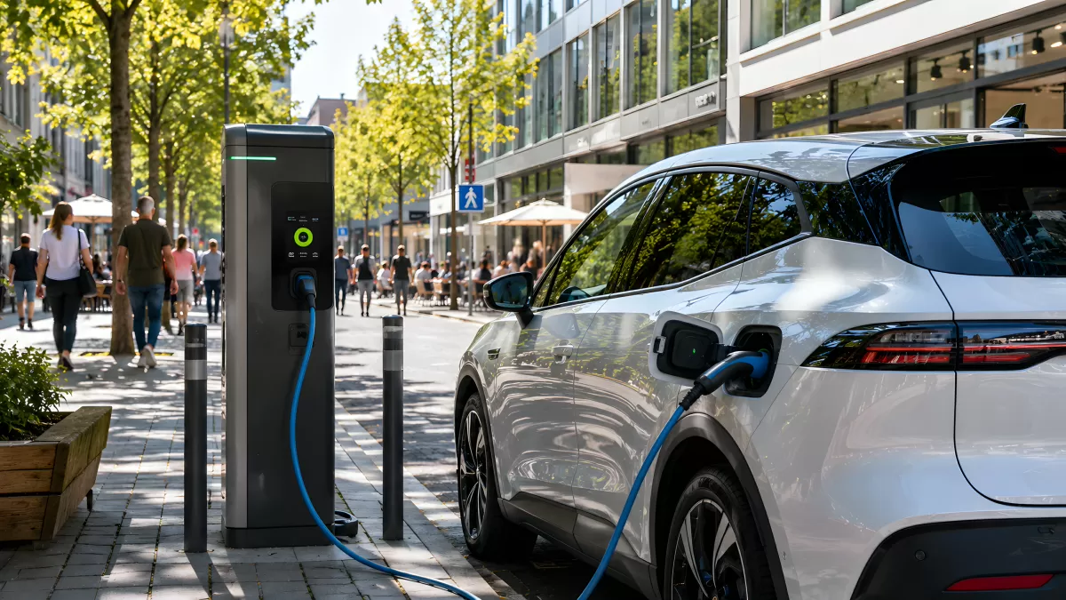 Elektroauto lädt an urbaner Ladestation in der Stadt