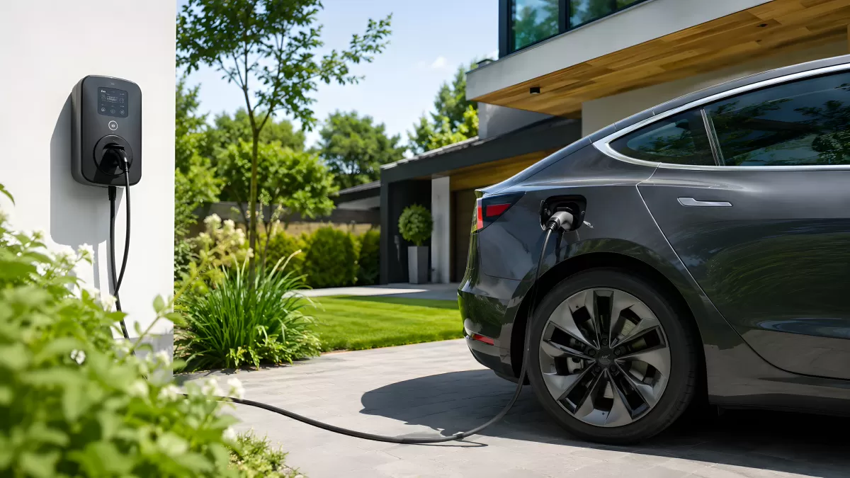 Elektroauto lädt an Wallbox vor modernem Wohnhaus