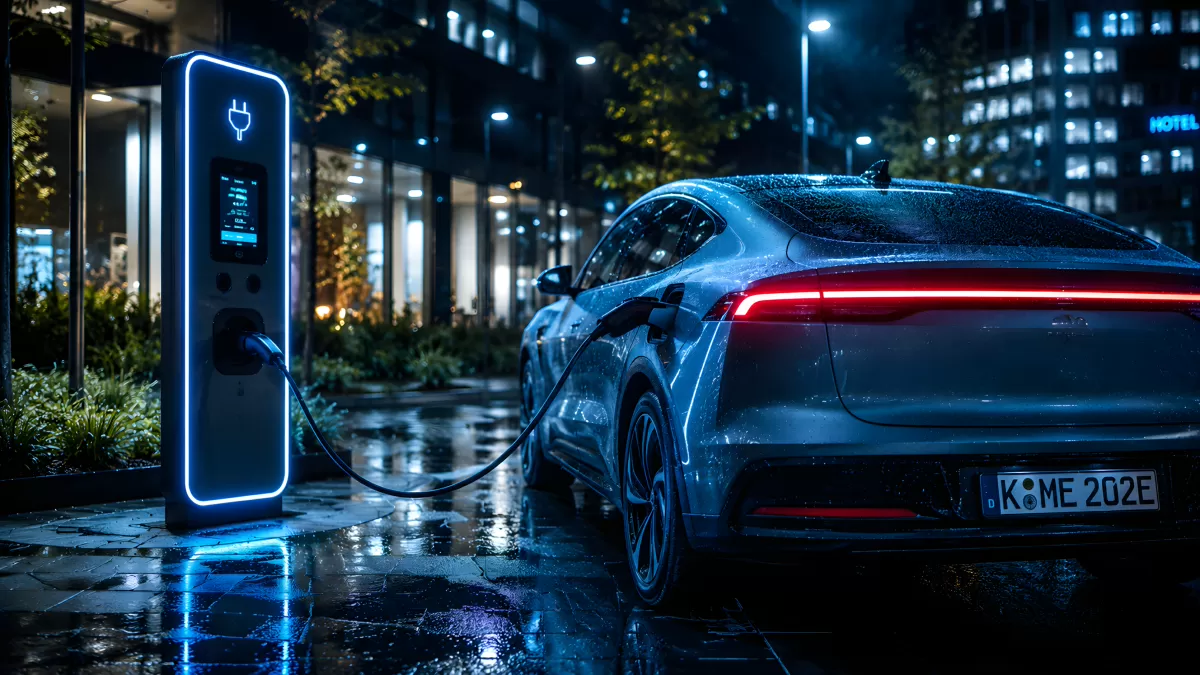 Elektroauto lädt nachts an moderner Ladestation im Regen