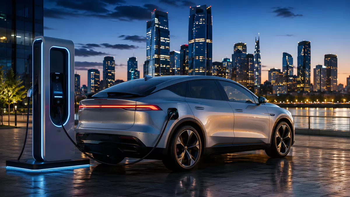 Elektroauto lädt nachts vor beleuchteter Stadtkulisse