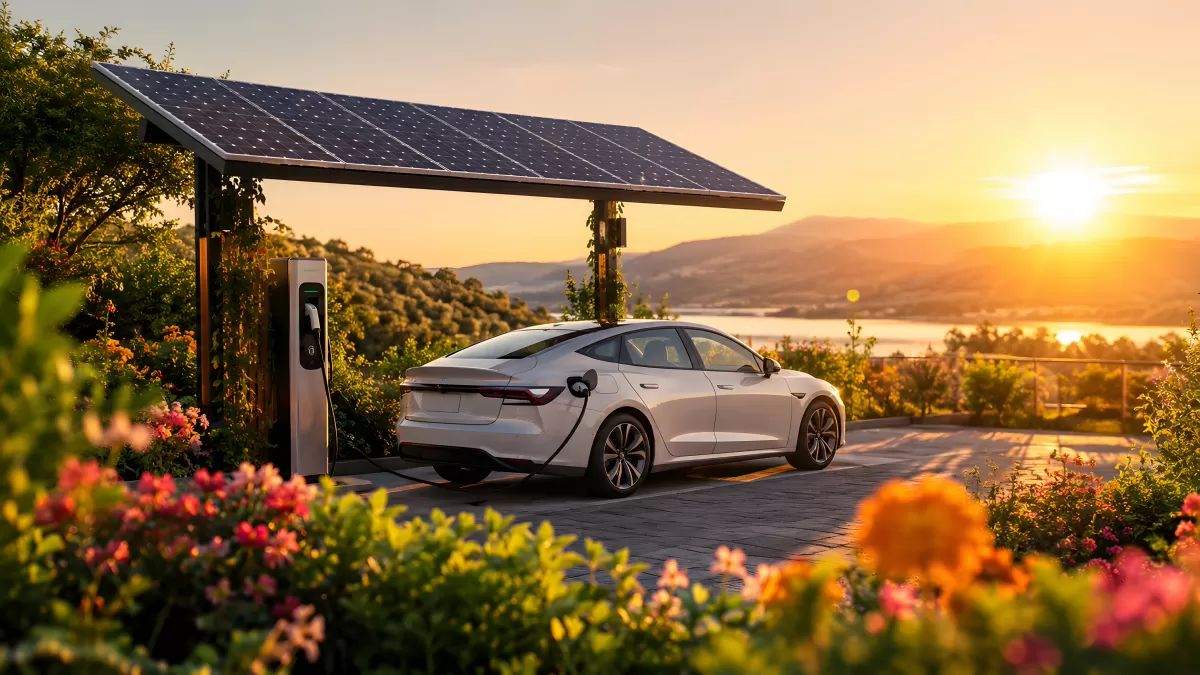 Elektroauto lädt unter Solardach bei Sonnenuntergang
