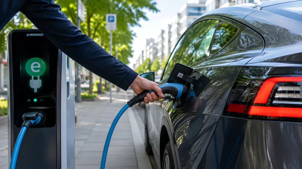 Elektroauto wird an Ladesäule in der Stadt geladen