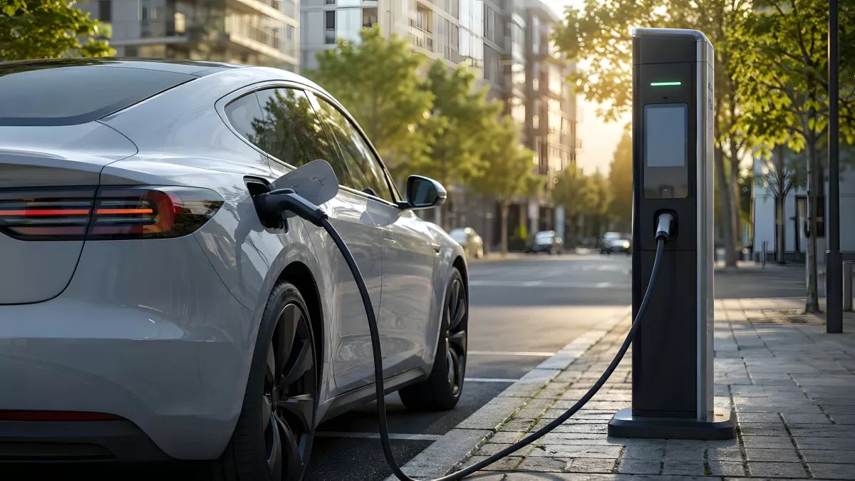 Elektroauto wird an städtischer Ladestation aufgeladen