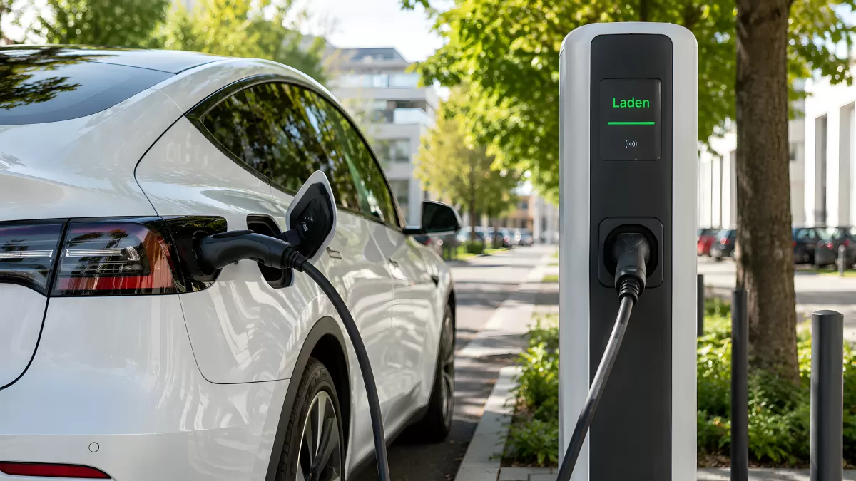Elektroauto wird an urbaner Ladestation aufgeladen