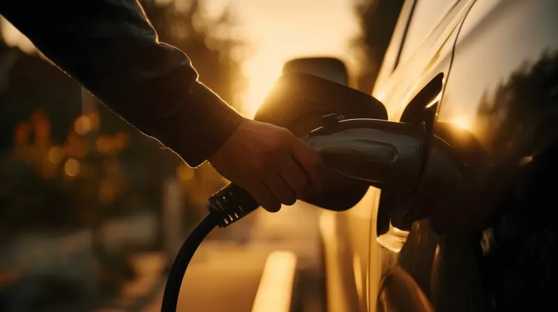 Elektroauto wird bei Sonnenuntergang mit Ladekabel geladen