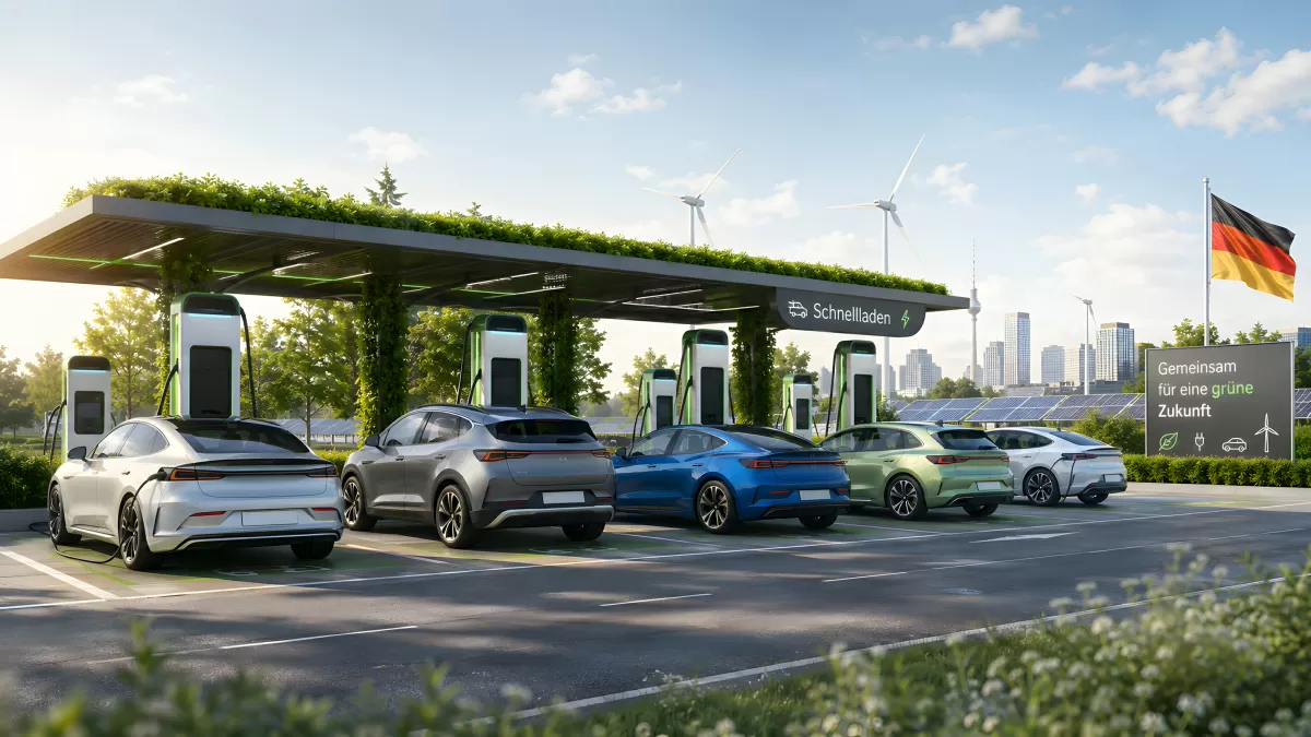 Elektroautos an grüner Schnellladestation in Deutschland