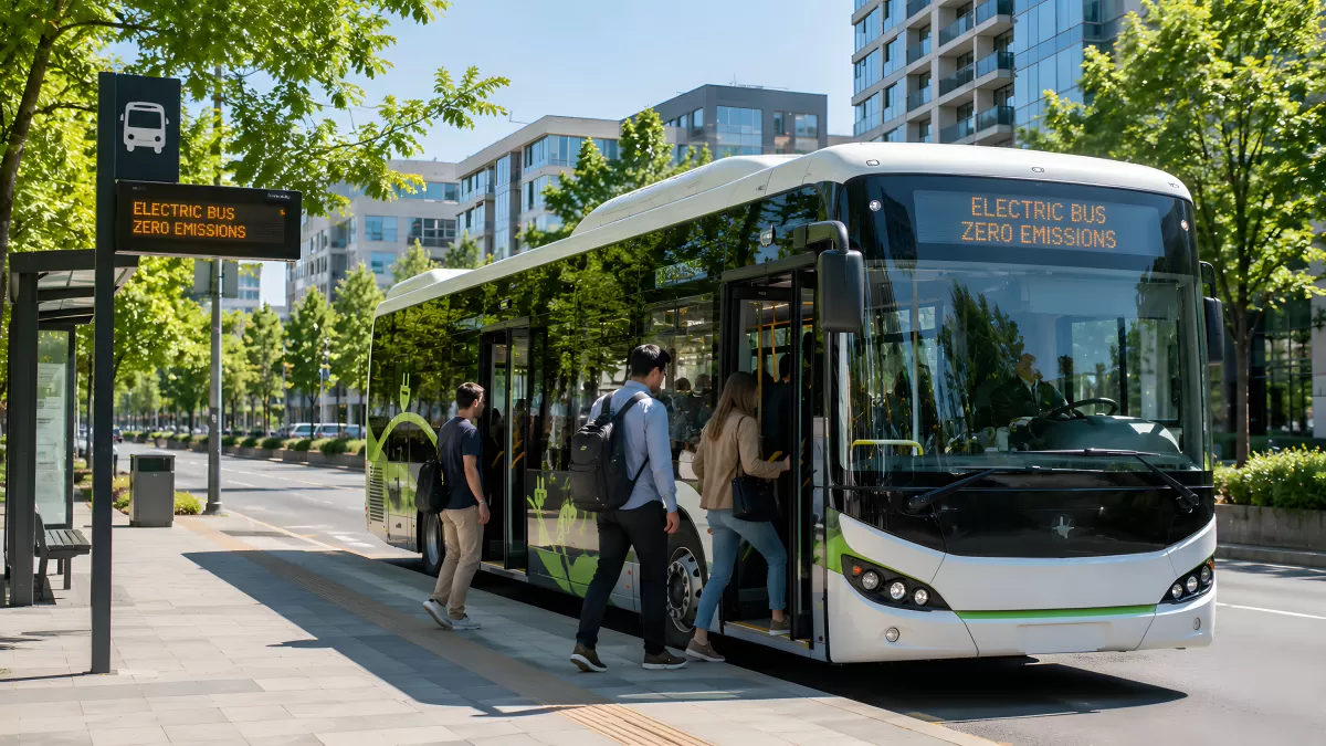 Elektrobus hält an Haltestelle in moderner Stadt