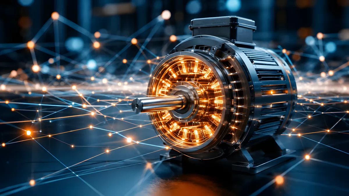 Elektromotor mit leuchtenden Spulen und Netzwerklinien