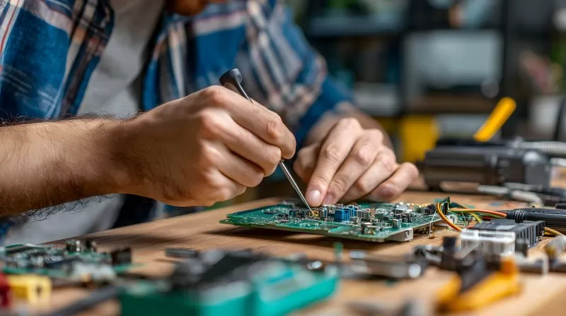 Elektronikreparatur mit Schraubendreher auf Werkbank