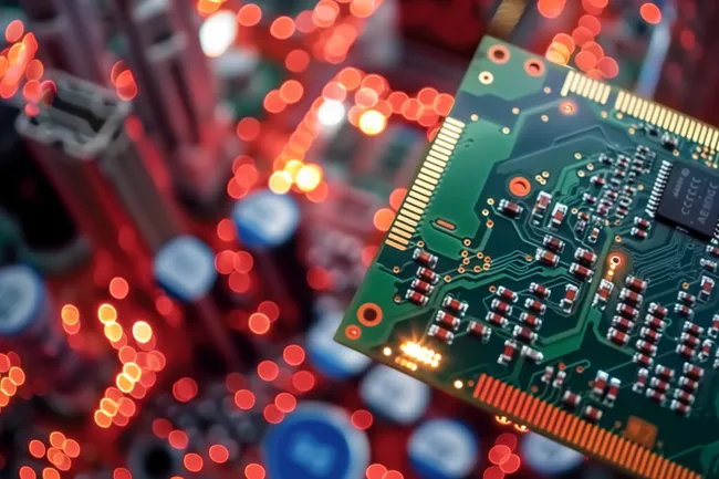 Elektronische Leiterplatte im Lichterketten-Bokeh